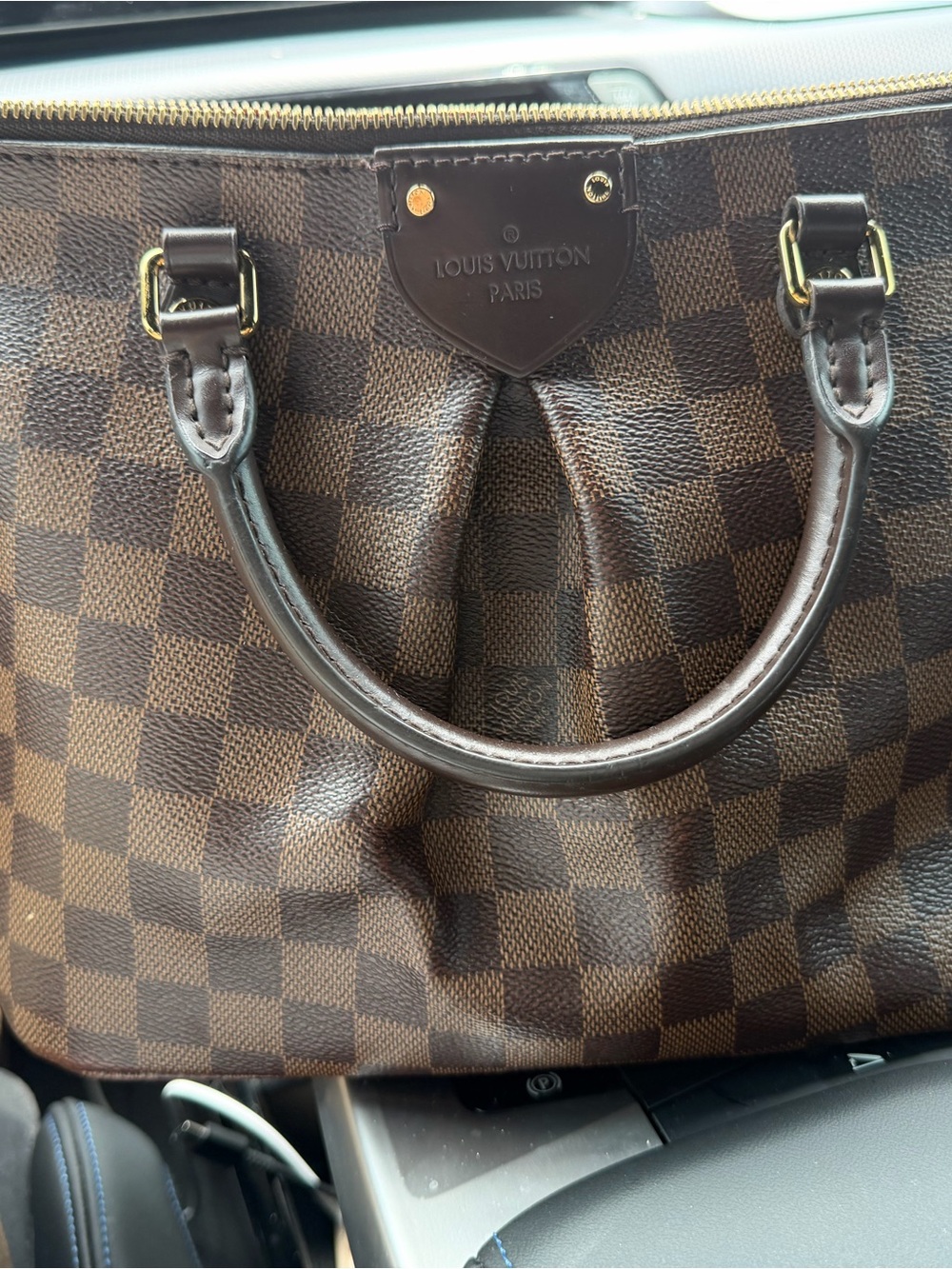Louis Vuitton Sienna PM Brown Damier Ebene Checkered Tote with Gold Hardware